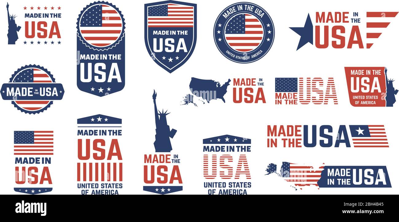 Made in USA Abzeichen. Patriot stolz Label-Stempel, amerikanische Flagge und nationale Symbole, Vereinigten Staaten von Amerika patriotische Embleme Vektor-Set. US-Produkte Stock Vektor