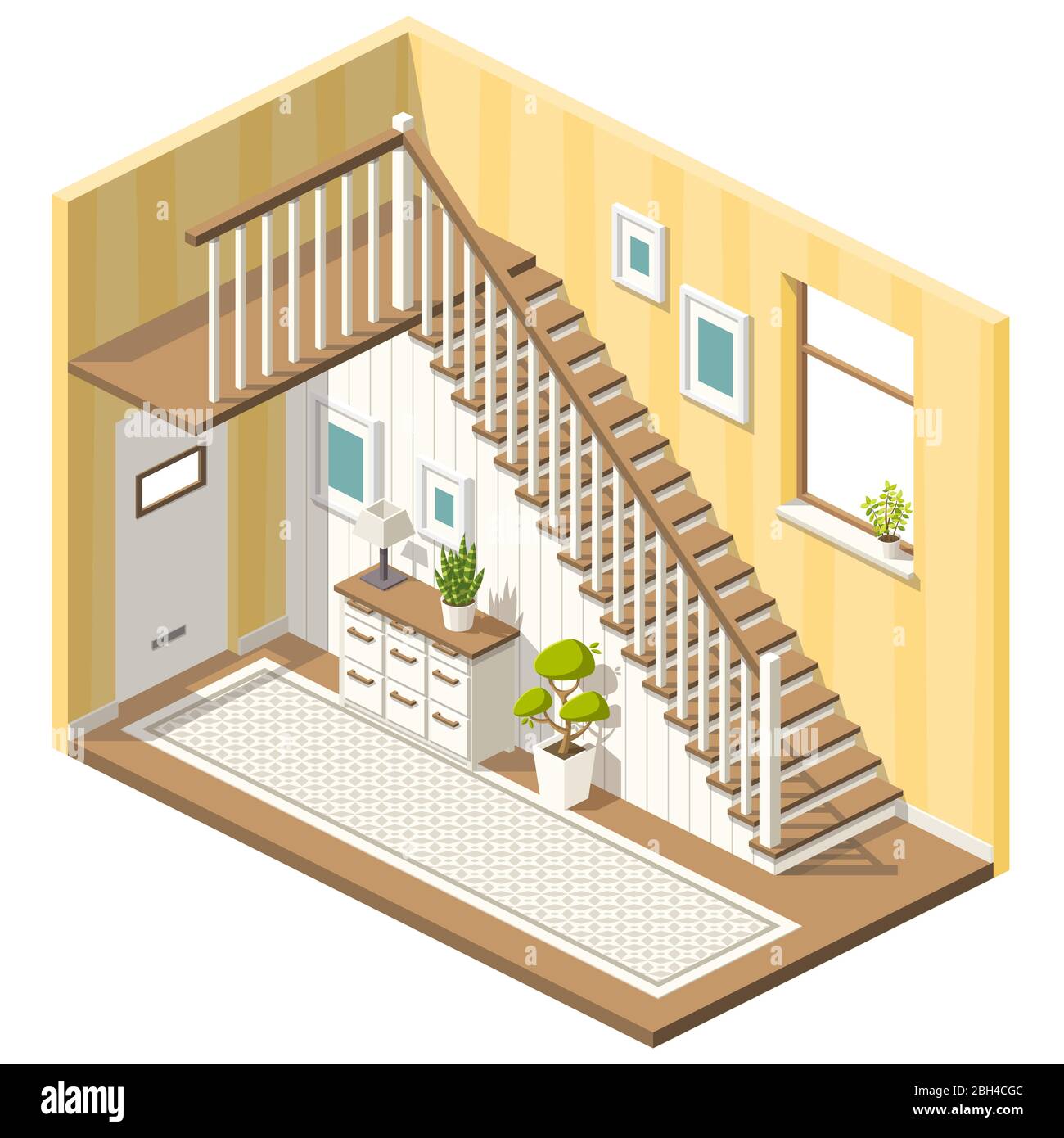 Isometrische Halle mit Treppe und Möbeln. Vektorgrafik mit separaten Ebenen. Stock Vektor