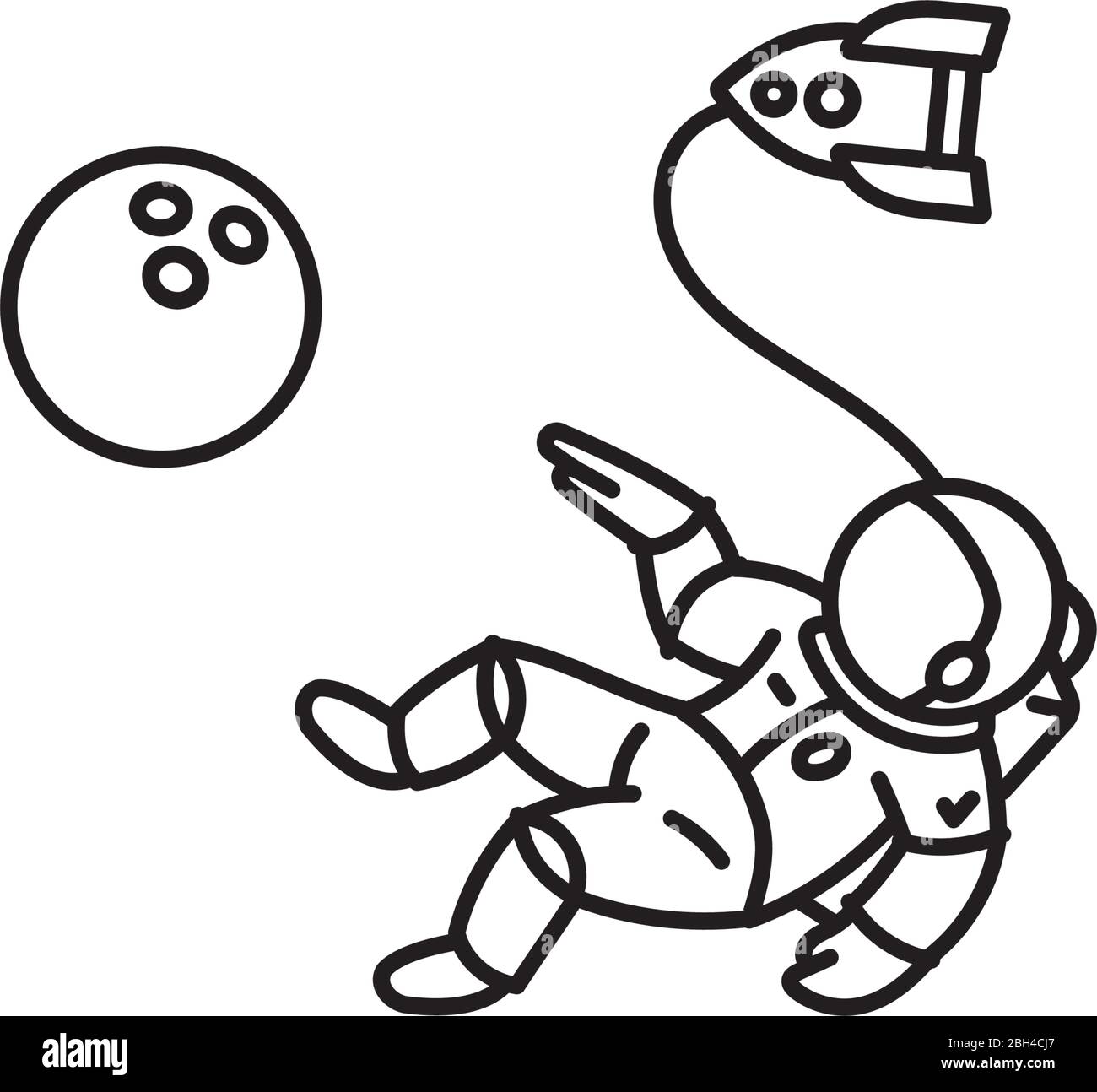 Astronaut zu Fuß im Raum, zeigt auf Bowling Ball förmigen Planeten, Vektor-Linie Symbol. Stock Vektor