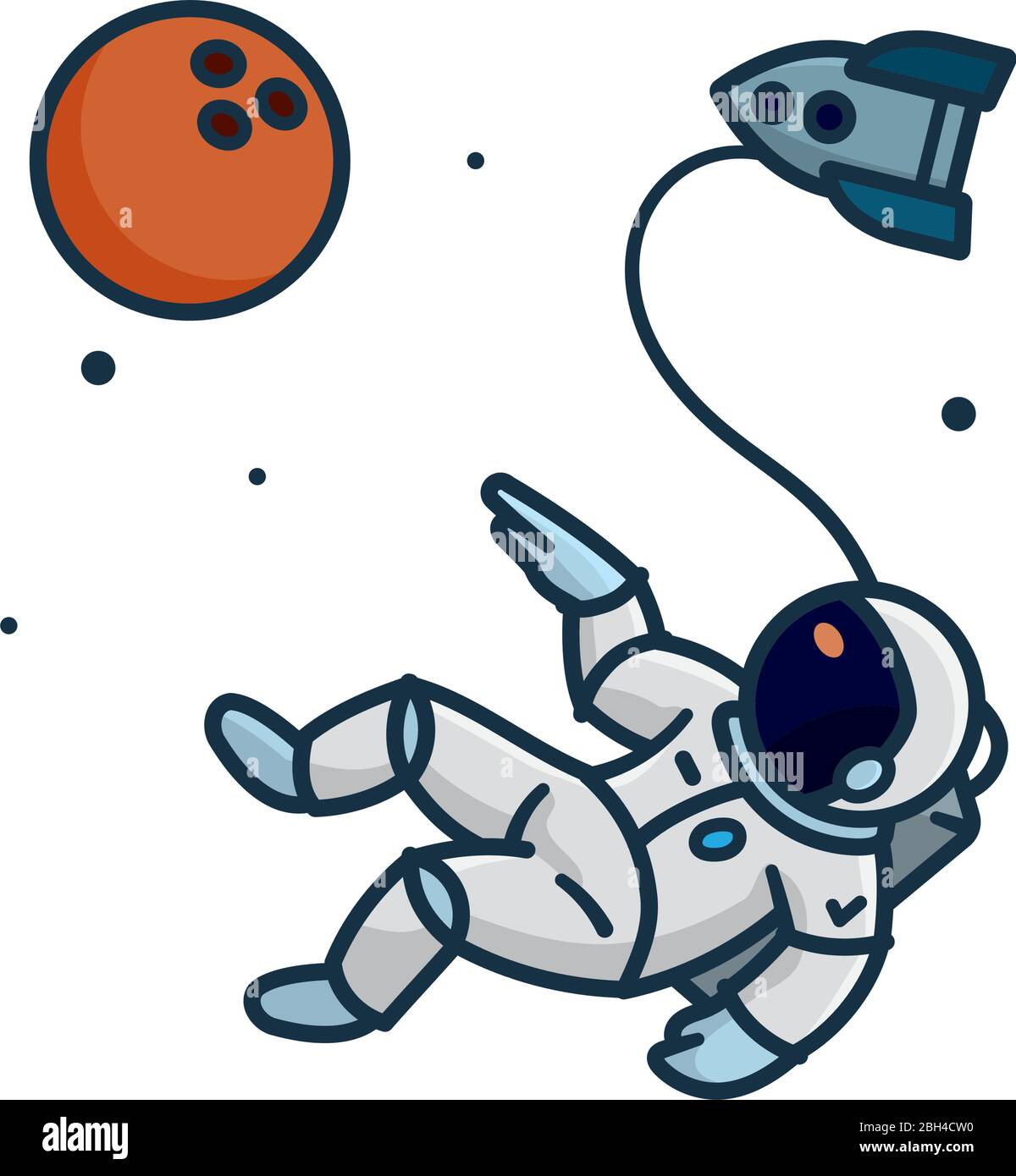 Astronaut zu Fuß im Weltraum, zeigt auf Bowling Ball förmigen Planeten, isolierte Vektor-Illustration für Space Day am 1. Mai. Stock Vektor