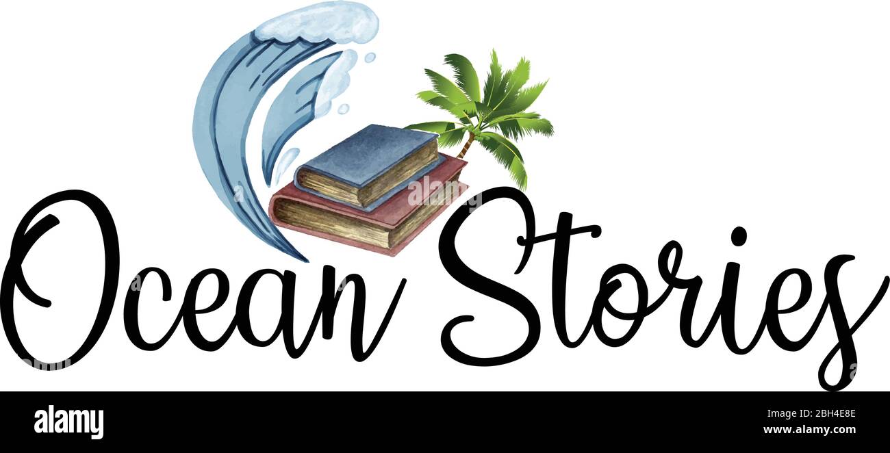 Ocean Stories Logo Konzept mit Buch Welle und Palme Stock Vektor