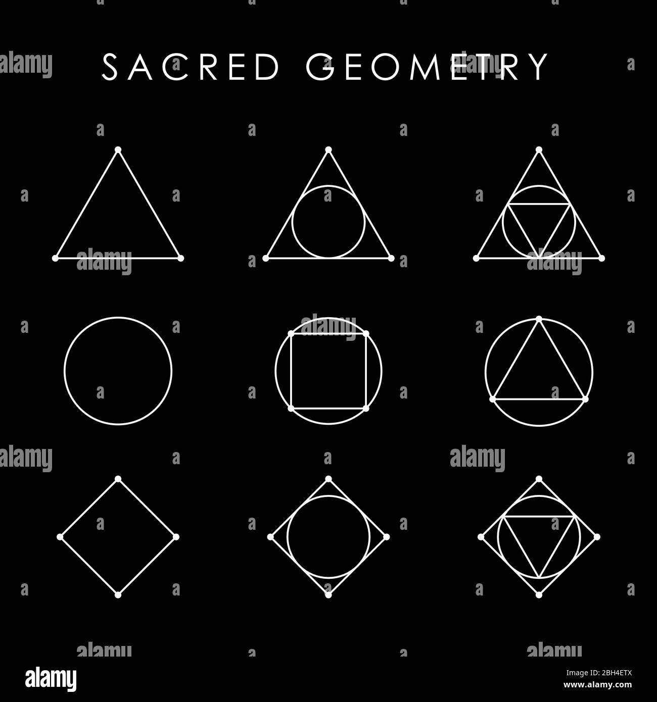 Weiße Symbole der heiligen Geometrie. Dreieck, Kreis, Quadrat, Raute mit eingravierten Figuren. Vektorgrafik. Stock Vektor