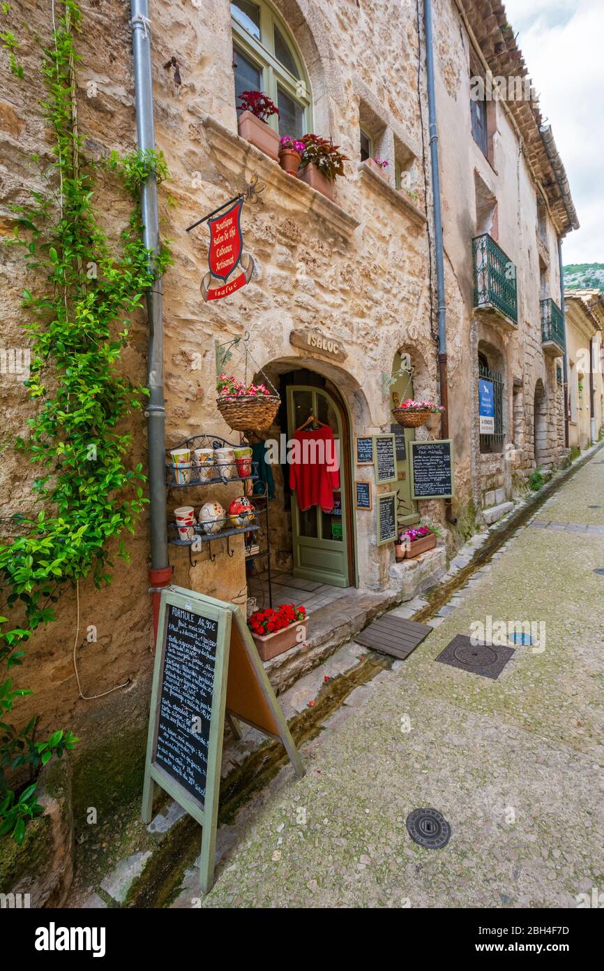 Frankreich, Saint-Guilhem-le-Desert, Salon de the, Boutique, Souvenirladen Stockfoto