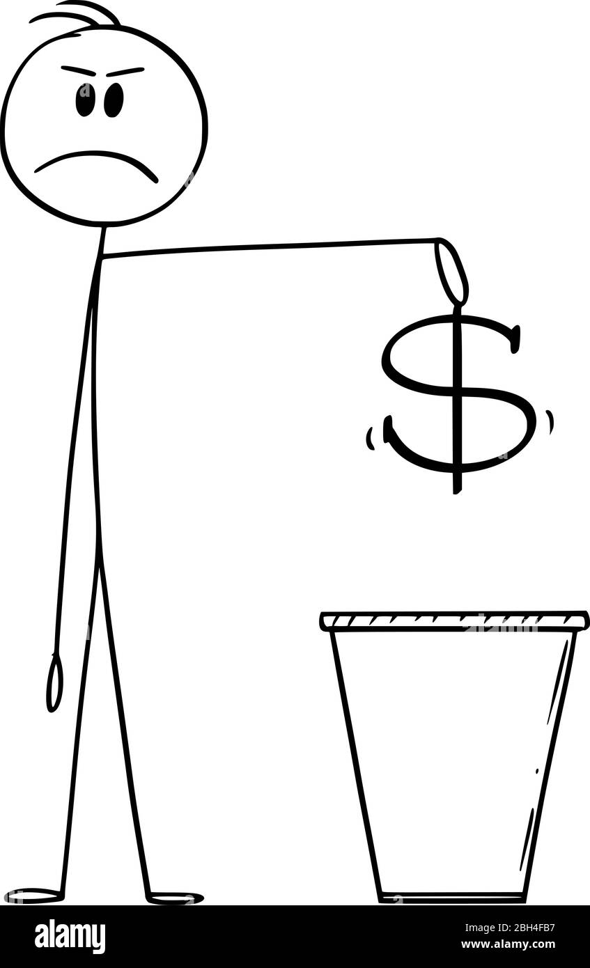 Vektor Cartoon Stick Figur Zeichnung konzeptionelle Illustration von Mann oder Geschäftsmann werfen Dollar Währung Symbol in Müll oder Abfall oder Abfallbehälter oder Mülltonne oder Mülleimer. Stock Vektor