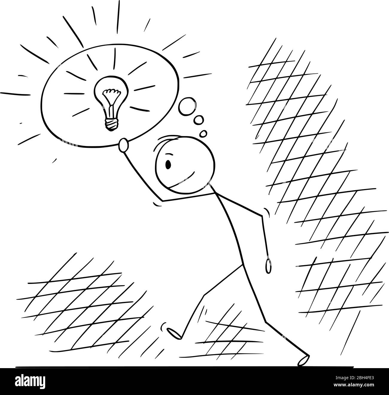 Vektor Cartoon Stick Figur Zeichnung konzeptionelle Illustration von Mann oder Geschäftsmann zu Fuß durch dunkle Zeiten und Blitz durch seine Innovationen und Ideen. Geschäftskonzept. Stock Vektor