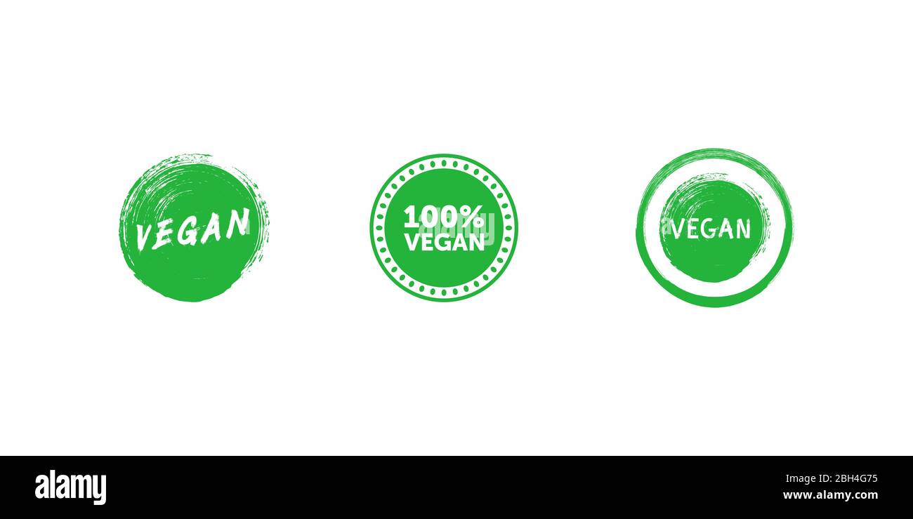 Set von verschiedenen Zeichen auf vegane Thema. Vegan Pinselstrich grünes Emblem. 100 Prozent Vegan grün Kreis Abzeichen. Vektorgrafik. Stock Vektor