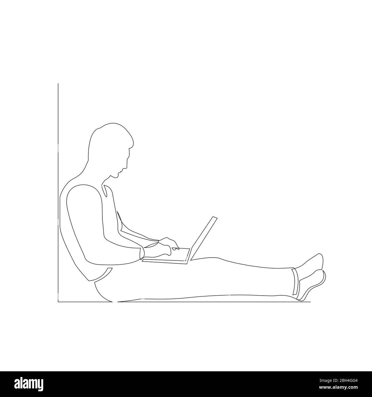 Ein Mann mit einer Schlange und einem Laptop, der auf dem Boden sitzt und sich gegen eine Wand lehnt. Vektorgrafik. Stock Vektor