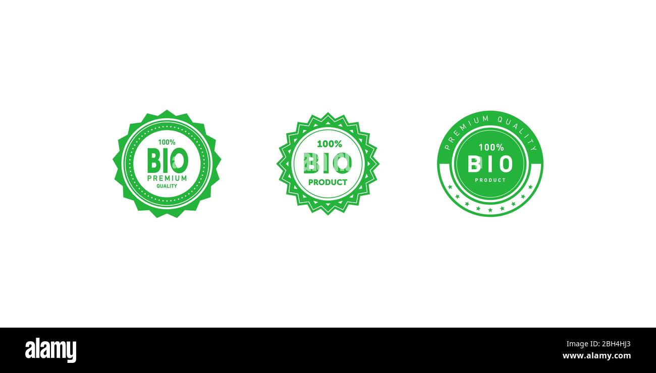 Set von Bio 100 Prozent Premium-Qualität Produkt Stern und Kreis Aufkleber. Design-Element für Verpackungsdesign und Werbematerial. Vektor Stock Vektor