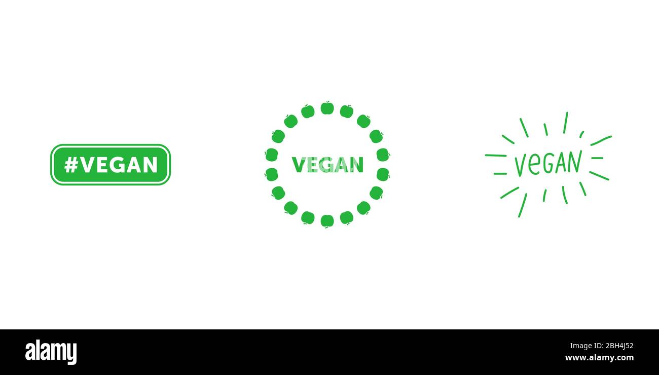 Set von verschiedenen Zeichen auf vegane Thema. Tag vegan grün flaches Emblem. Veganer Titel über grüne Äpfel Kreis um - Abzeichen. Vegan handgeschriebener grüner Titel Stock Vektor