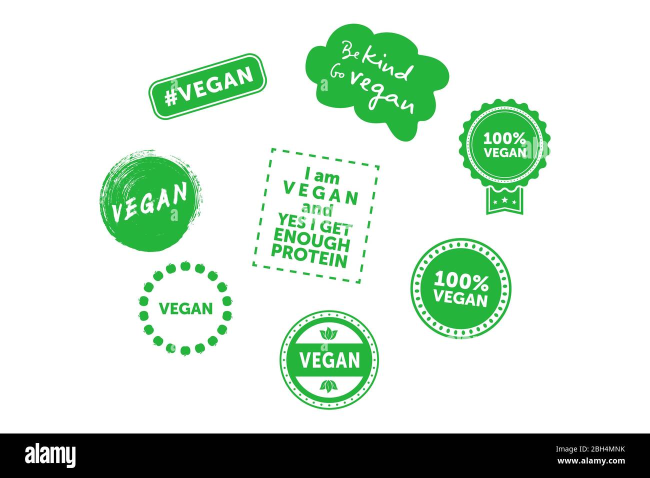Sammlung von verschiedenen Zeichen zum Thema vegan. Seien Sie freundlich, gehen Sie vegan. Vektorgrafik. Stock Vektor