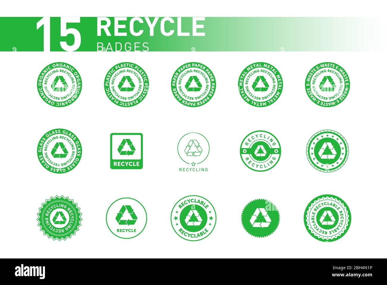 Sammlung von Recycling-Schild grüne runde Linie Aufkleber mit Mobius Streifen, Band oder Schleife. Design-Element für Verpackungsdesign und Werbematerial Stock Vektor