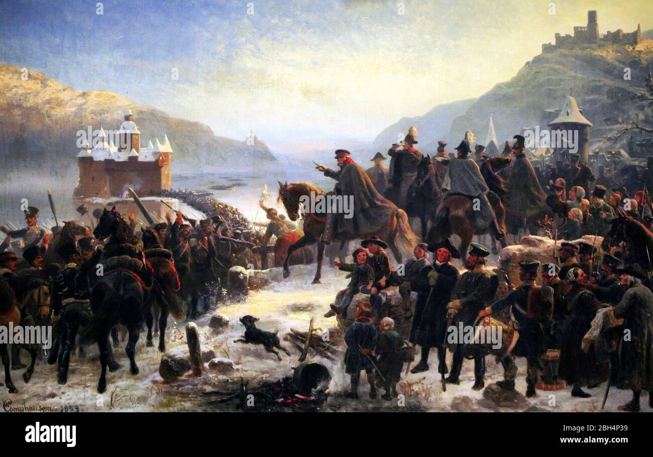 Blucher und die erste Armee Schlesiens überqueren am 1. Januar 1814 den Rhein bei Kaub - Wilhelm Camphausen 1859 Stockfoto