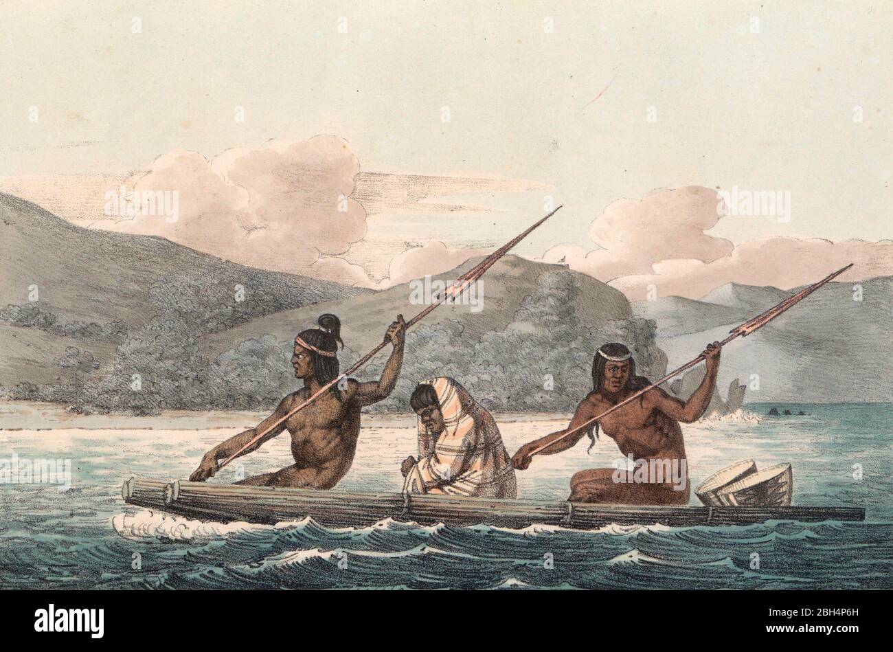 Ohlone Indianer in einem Tule Boot in der San Francisco Bay - Louis Choris, 1822 Stockfoto