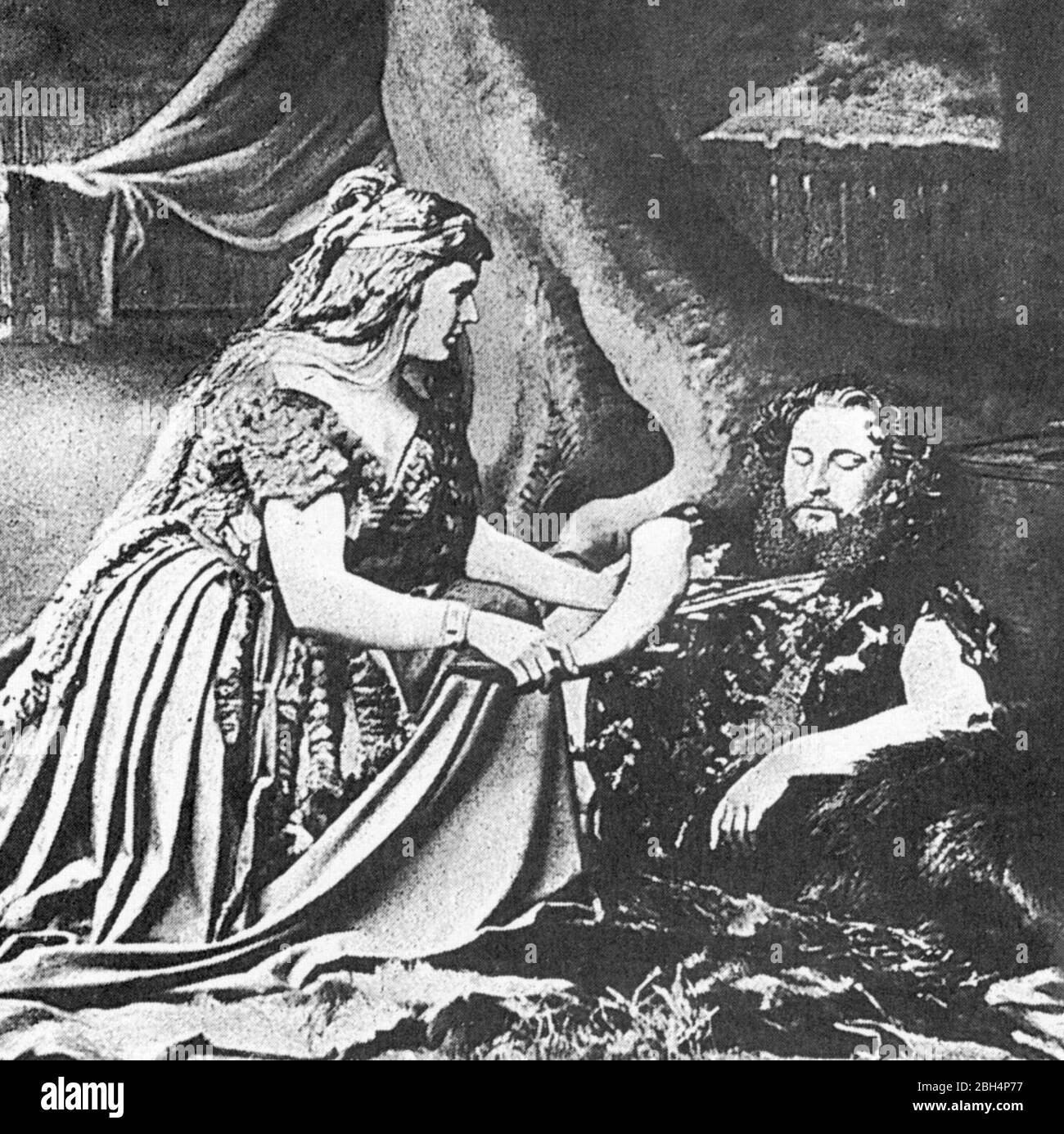 Sieglinde (Therese Vogl) bietet Siegmund (Heinrich Vogl) ein Meadhorn aus Akt I der 1870 gefertigten Produktion von Wagners die Walküre an. Stockfoto