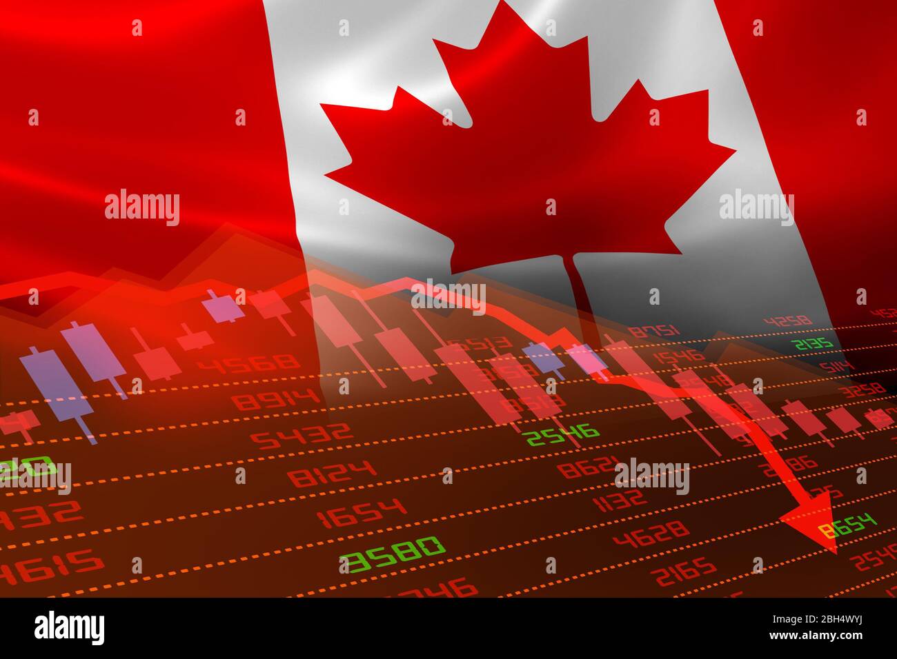 Der wirtschaftliche Abschwung in Kanada, wobei der Aktienmarkt die Aktientabelle nach unten und im roten negativen Bereich zeigt. Geschäfts- und Finanzgeldmarktkrise Stockfoto