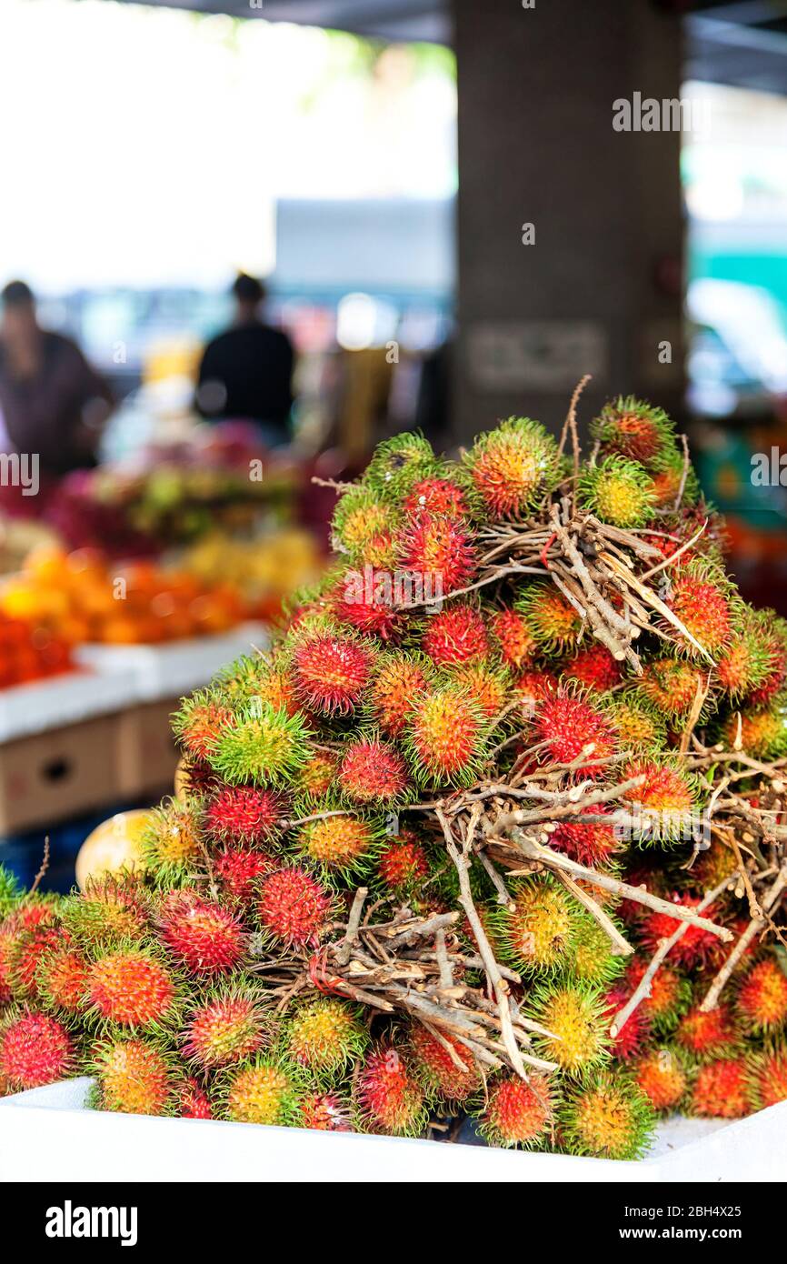 Stapel von frischem Rambutan auf einem Obstmarkt in Singapur zu verkaufen. Rambutan ist eine beliebte tropische Frucht aus Südostasien. Der Name leitet sich von t ab Stockfoto