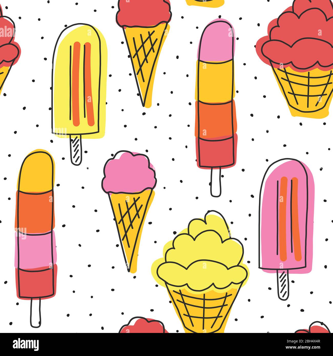 Popsicle nahtlose Muster Vektor-Illustration. Handgezeichnetes niedliches Popsicle in rosa rot orange und gelb auf einem schwarz-weiß gefleckten Hintergrund. Stock Vektor