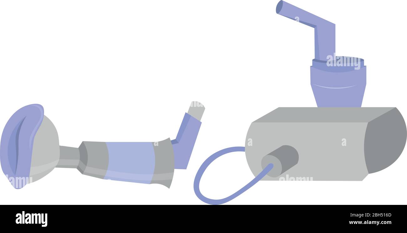 Therapie von Bronchialobstruktion und Asthma. Distanzstück und Zerstäuber. Medizinische und pharmazeutische Einrichtungen. Medikamente für die Atemwege. Stock Vektor