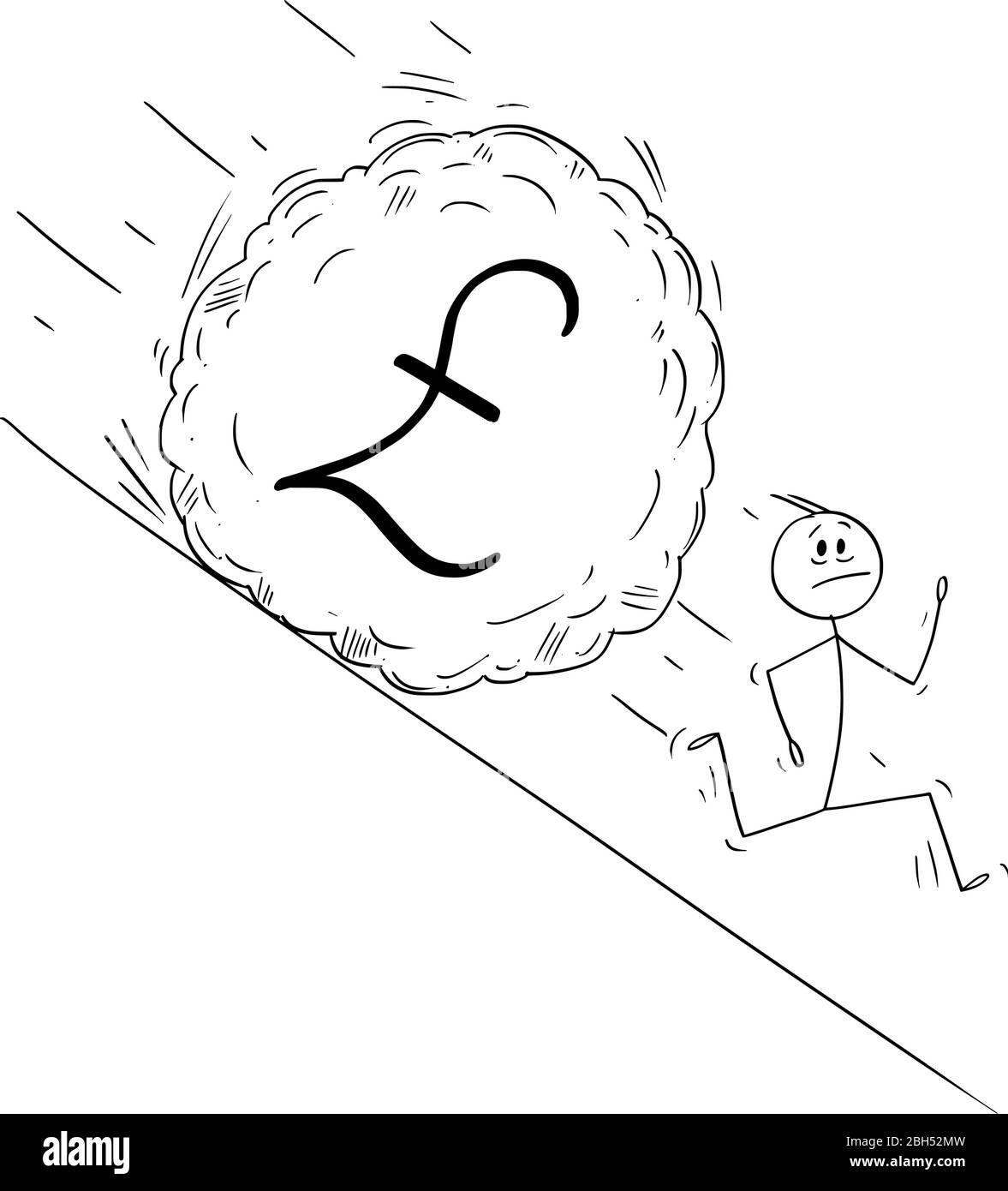 Vektor Cartoon Stick Figur Zeichnung konzeptionelle Illustration von gestressten Mann oder Geschäftsmann, der weg von Boulder rollt Hügel hinunter. Finanzkonzept des fallenden Pfund Sterling oder gbp Währung. Stock Vektor