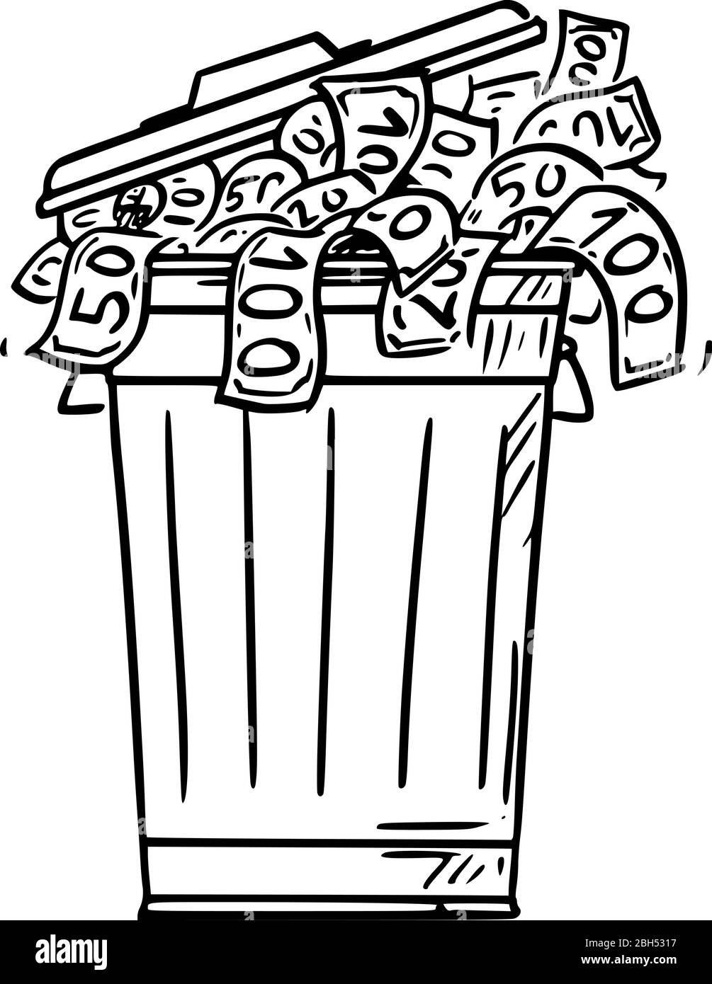 Vektor Cartoon Stick Figur Zeichnung konzeptionelle Illustration von Mülleimer, Mülltonne oder Mülltonne voll von Bargeld Geldscheine als Abfall geworfen. Stock Vektor