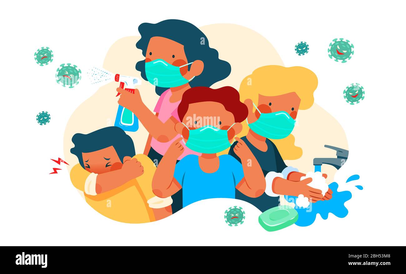 Menschen halten zusammen, um gegen COVID-19 zu kämpfen, tragen Masken, mit Alkoholspray, Händewaschen und Husten in Ellbogen, flache Stil Illustration Stock Vektor