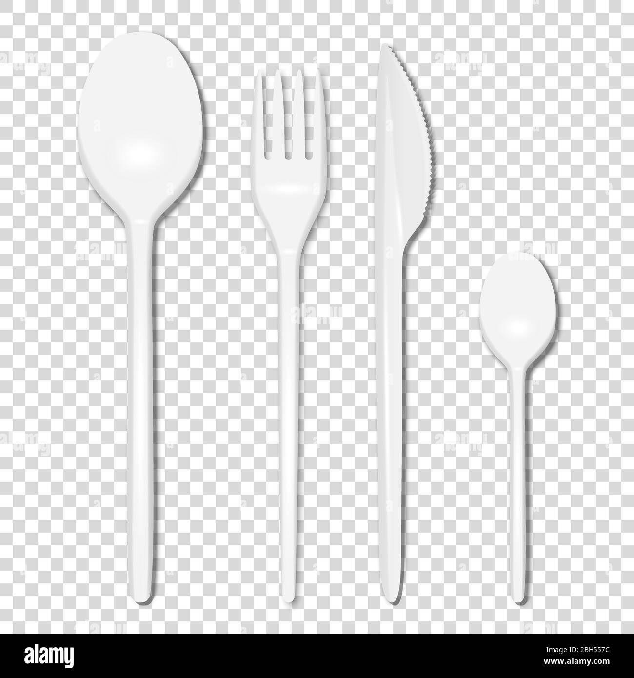 Vector 3d realistisches Besteck - Weißer Kunststoff Einweg Gabel, Löffel und Messer Icon Set isoliert auf transparentem Hintergrund. Draufsicht. Designvorlage Stock Vektor