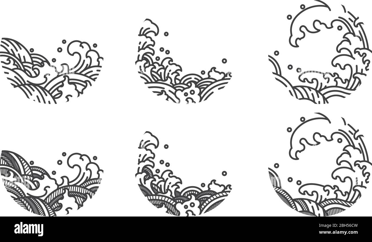 Orientalische und Tradition Linie Schlaganfall Wasserwellenform. Und Schatten mit Streifenlinie. Japanisch, Thai, Chinesisch. Dekoratives abstraktes Kunstdesign. Stock Vektor