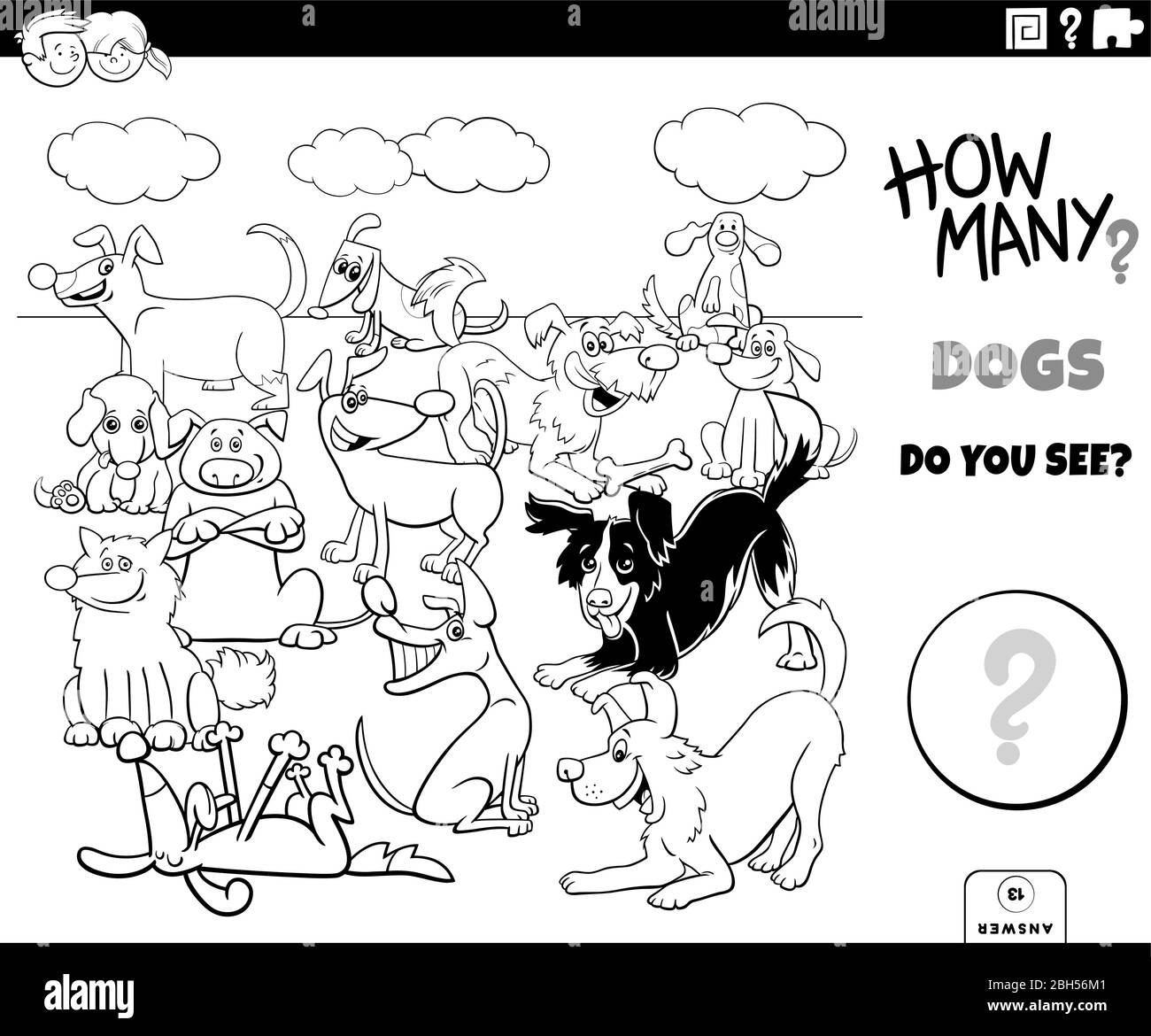 Schwarz-Weiß-Illustration von pädagogischen Zählen Aufgabe für Kinder mit Cartoon Lustige Hunde Tier-Charaktere Gruppe Outdoor Malbuch Seite Stock Vektor