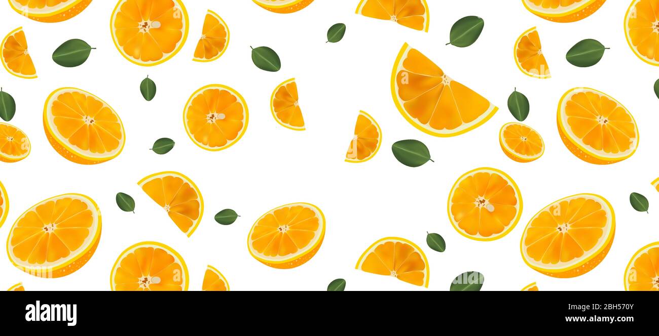 Frisches Orange Muster mit grünem Blatt. Frische orangefarbene Scheiben auf weißem Hintergrund. Nahaufnahme Orange. Realistische Vektordarstellung Stock Vektor