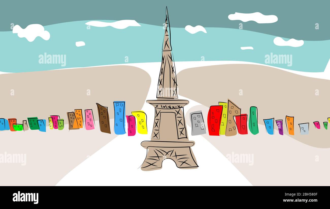 Die bunte Stadt Paris. Handgezeichnet. Nachahmung des Malbilds mit den Aquarellfarben. Kinderzeichnung. Stock Vektor