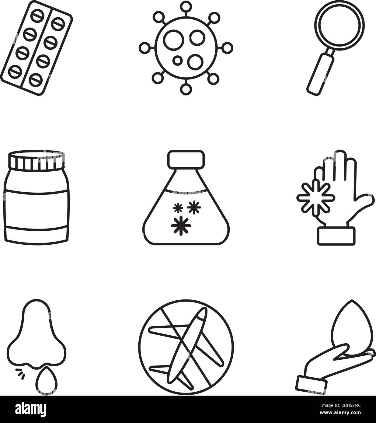 Hände und Coronavirus preventions Symbol auf weißem Hintergrund, Linienstil, Vektor-Illustration gesetzt Stock Vektor