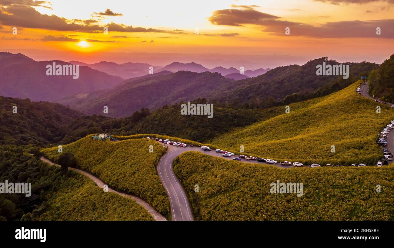 Luftbild Landschaft des Berges in der Dämmerung Zeit Natur Blume Tung Bua Tong Mexikanisches Sonnenblumenfeld, Mae Hong Son, Thailand. Stockfoto