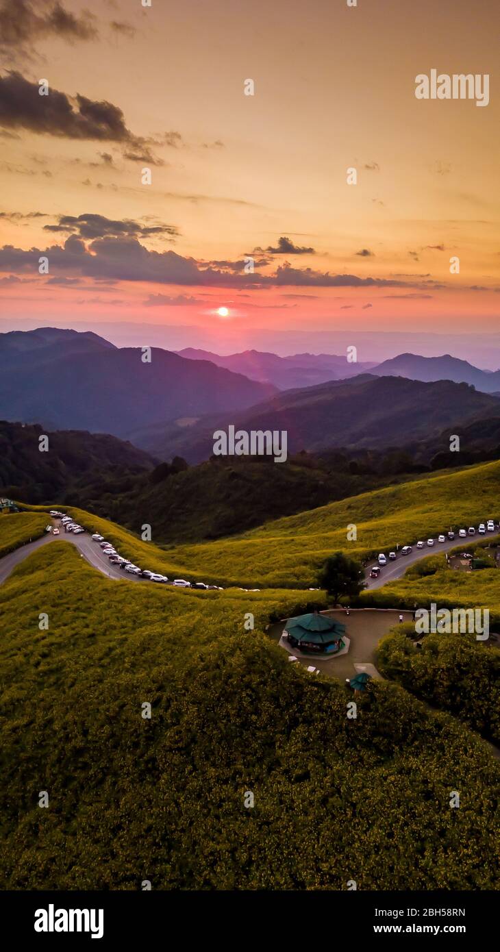 Luftbild Landschaft des Berges in der Dämmerung Zeit Natur Blume Tung Bua Tong Mexikanisches Sonnenblumenfeld, Mae Hong Son, Thailand. Stockfoto