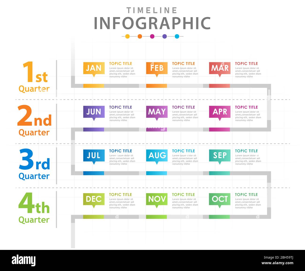 Infografik Vorlage für Unternehmen. Moderne Timeline Diagramm Kalender mit Quartalen, Präsentation Vektor Infografik. Stock Vektor