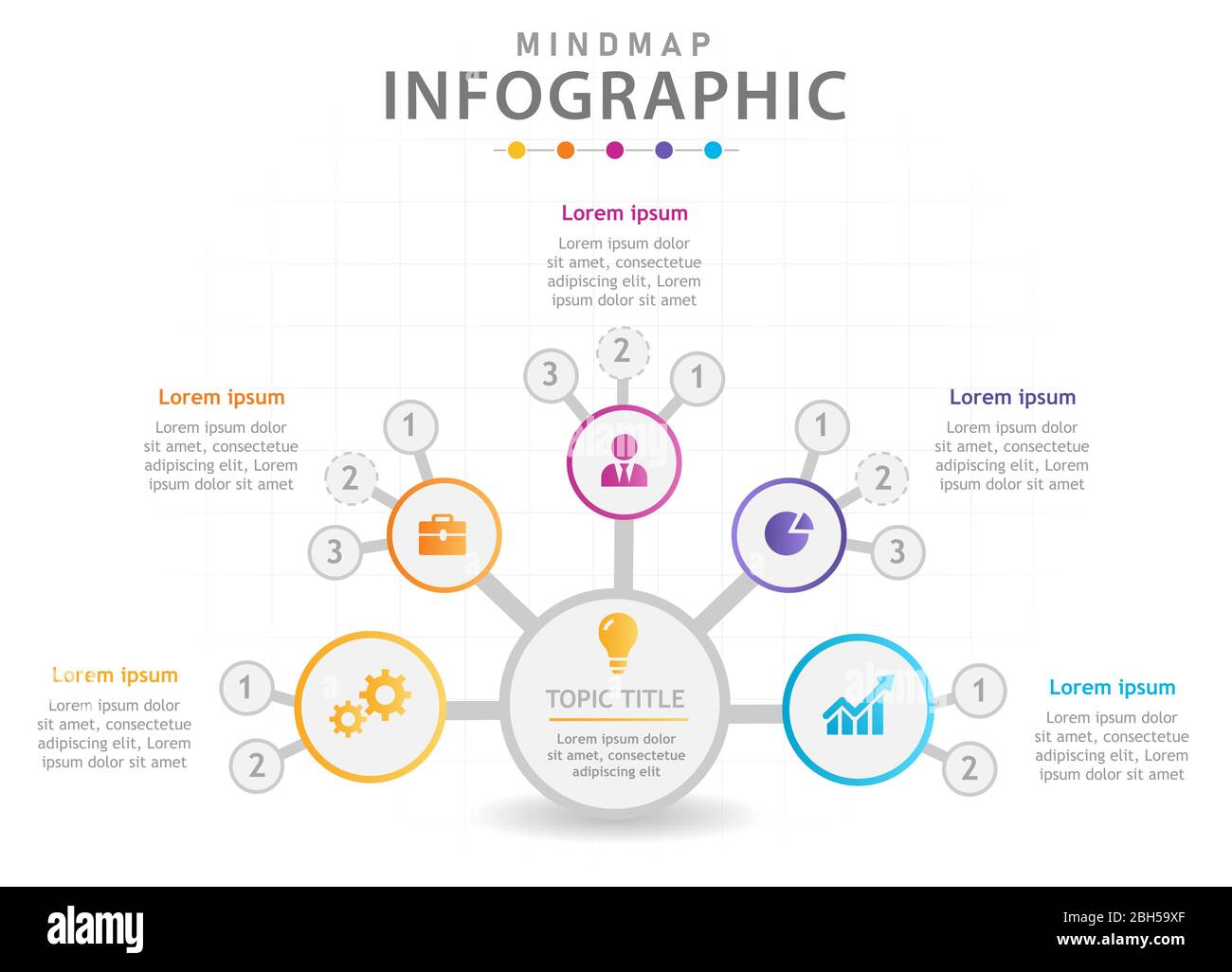 Infografik Vorlage für Unternehmen. 5 Schritte modernes Mindmap Diagramm mit Kreisen, Präsentationsvektor Infografik. Stock Vektor