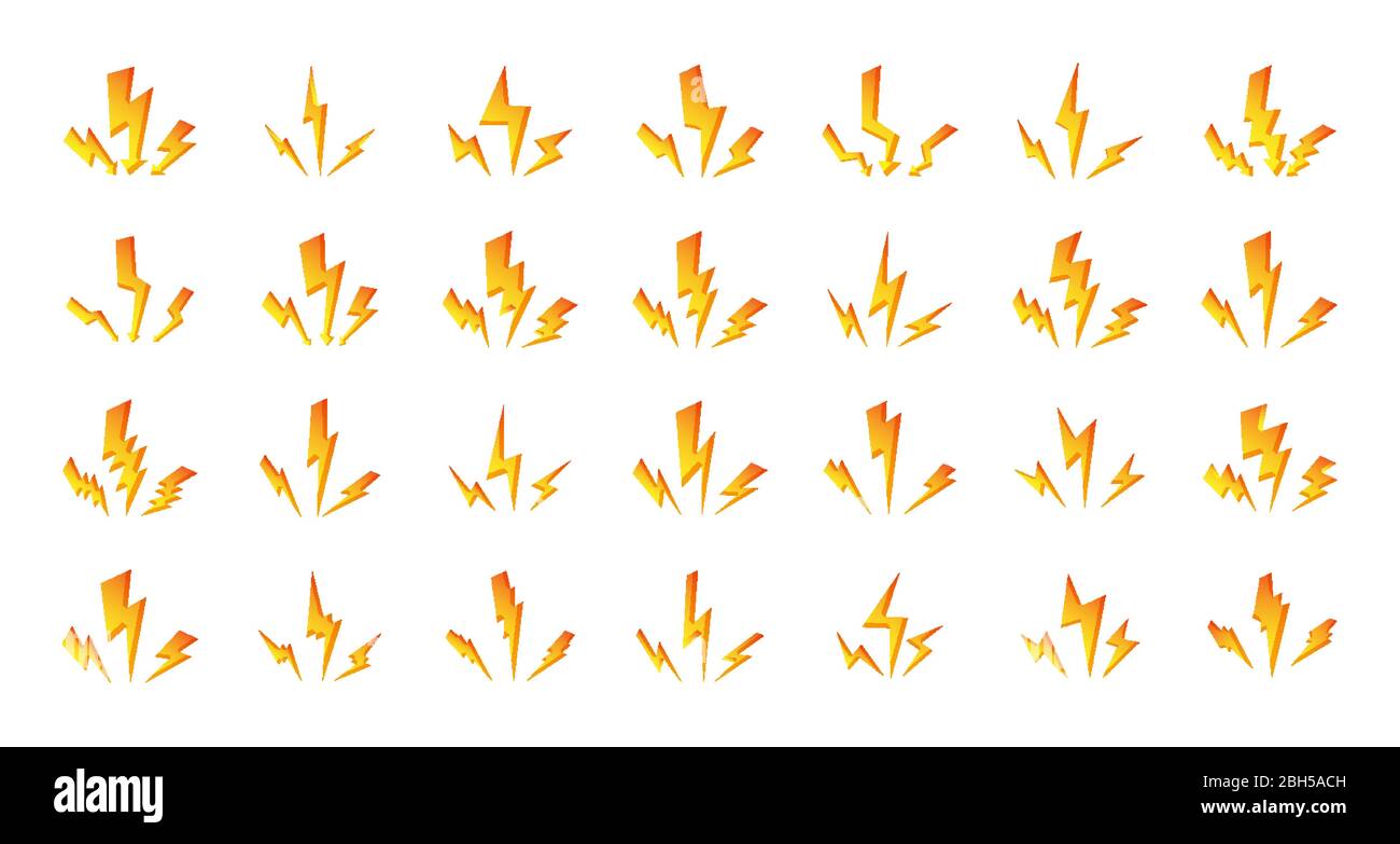 Satz orangefarbener gelber Blitzableiter. Zusammensetzung von drei schnellen glänzenden Stoßblitzen. Symbole elektrische Schlag mit Pfeil. Symbol Sturm, Donner oder Gewitter. Isoliert auf weißen Vektor-Illustration Stock Vektor