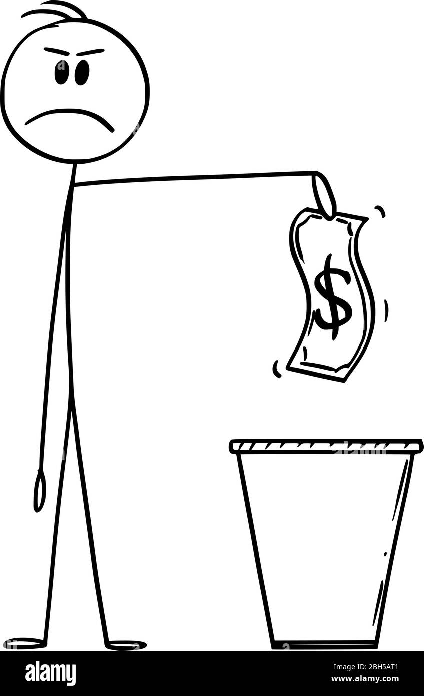 Vektor Cartoon Stick Figur Zeichnung konzeptionelle Illustration von Mann oder Geschäftsmann werfen Dollar Banknote oder Rechnung in Müll oder Abfall oder Abfallbehälter oder Mülltonne oder Mülleimer. Stock Vektor