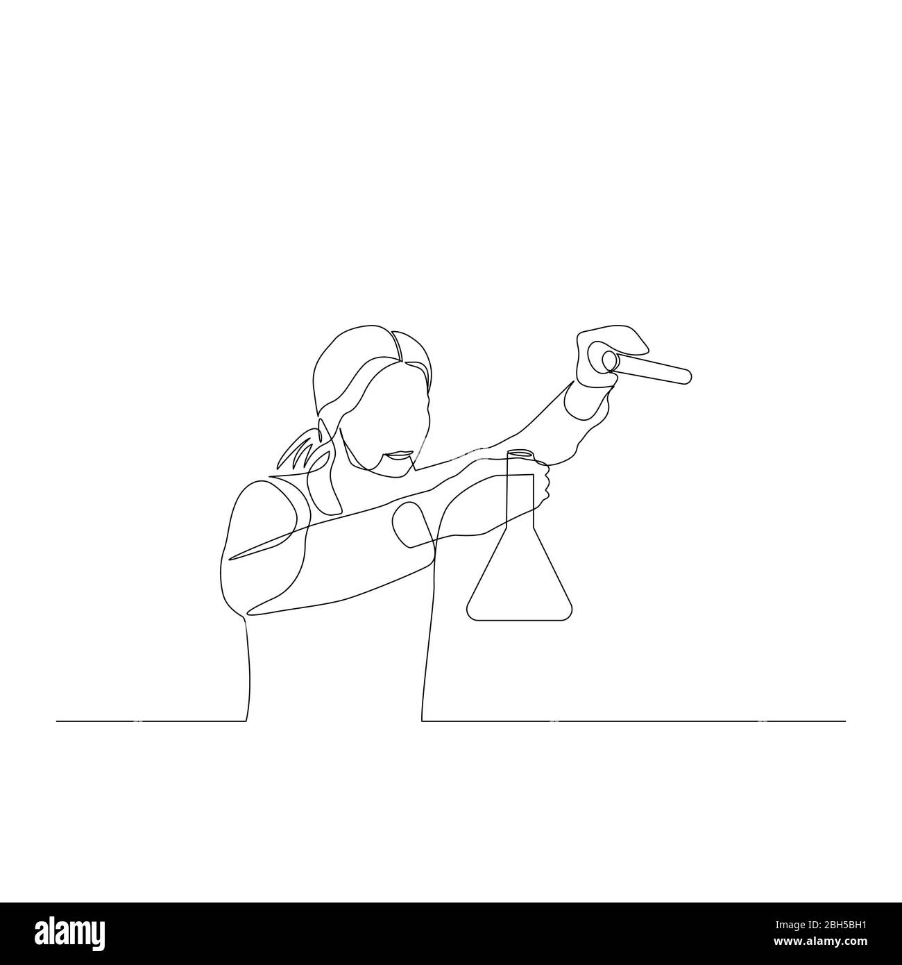 Eine durchgehende eine Linie Frau Chemiker mischt Lösungen in Kolben. Vektorgrafik. Stock Vektor