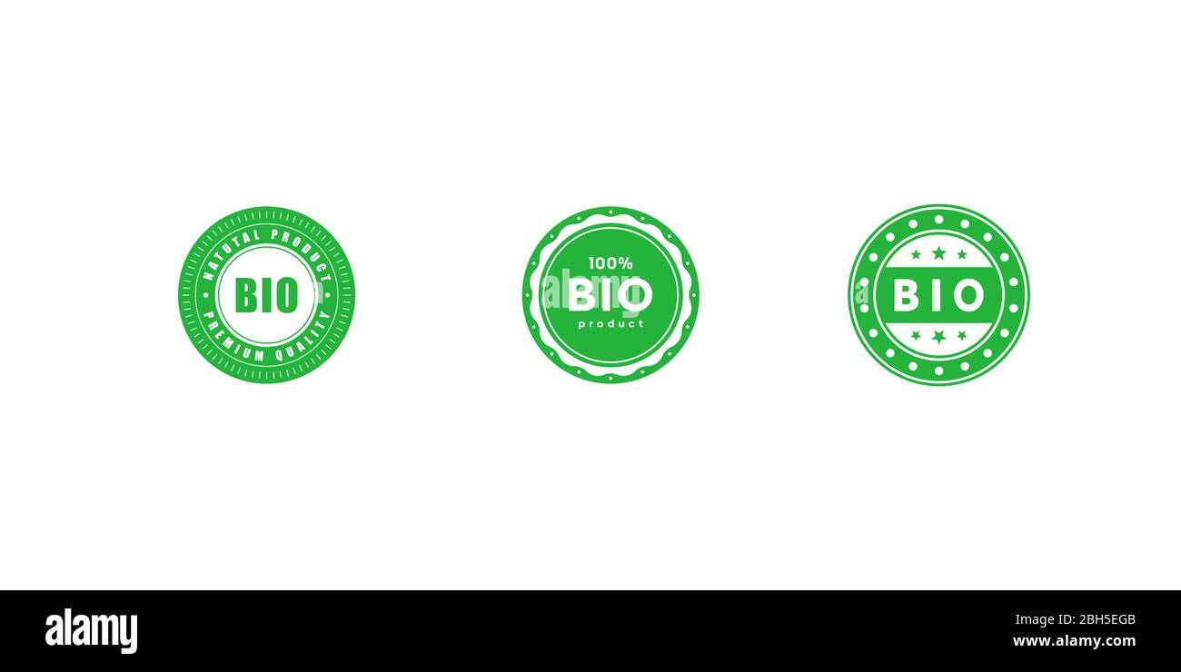 Set von Bio 100 Prozent natürliche Produkt Premium-Qualität Aufkleber. Design-Element für Verpackungsdesign und Werbematerial. Vektorgrafik. Stock Vektor