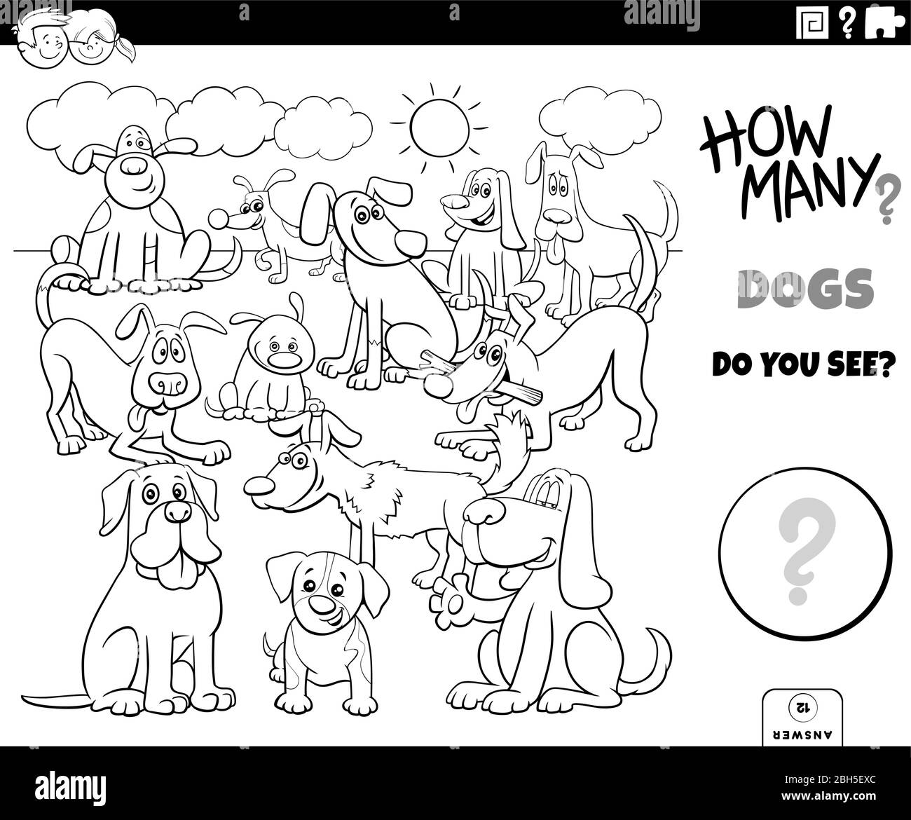 Schwarz-Weiß-Illustration von Pädagogischen Zählen Spiel für Kinder mit Cartoon Lustige Hunde Tier-Charaktere Gruppe Outdoor Malvorlagen Buchseite Stock Vektor