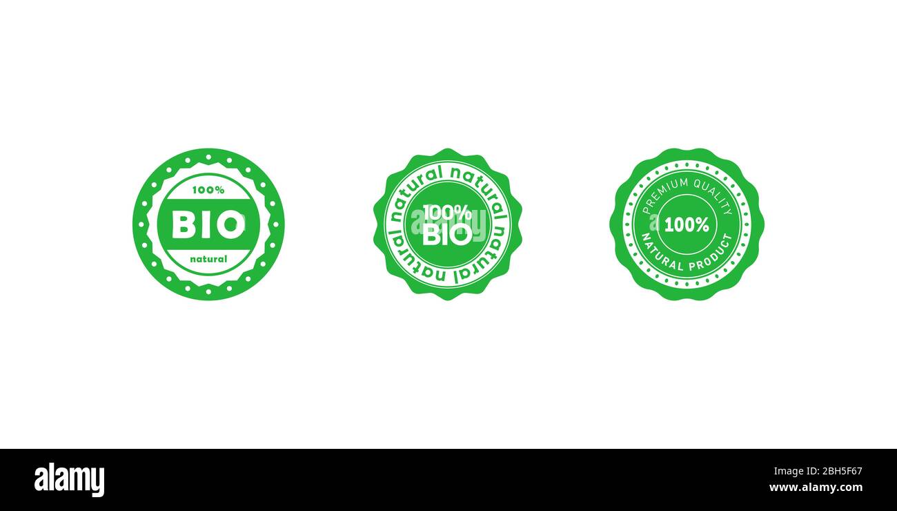 Set von Bio 100 Prozent natürliches Emblem. Design-Element für Verpackungsdesign und Werbematerial. Vektorgrafik. Stock Vektor