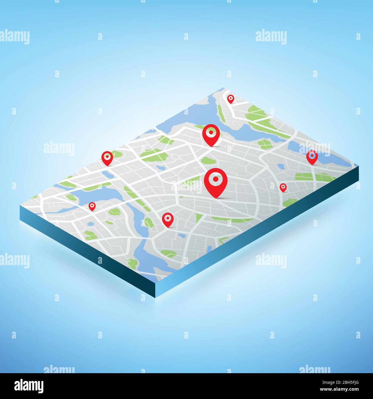 3D Isometrische Karte mit Zielort Punkt, Aerial Clean Draufsicht des Tages Zeit Stadtplan mit Straße und Fluss, Blank urban Imagination map, G Stock Vektor