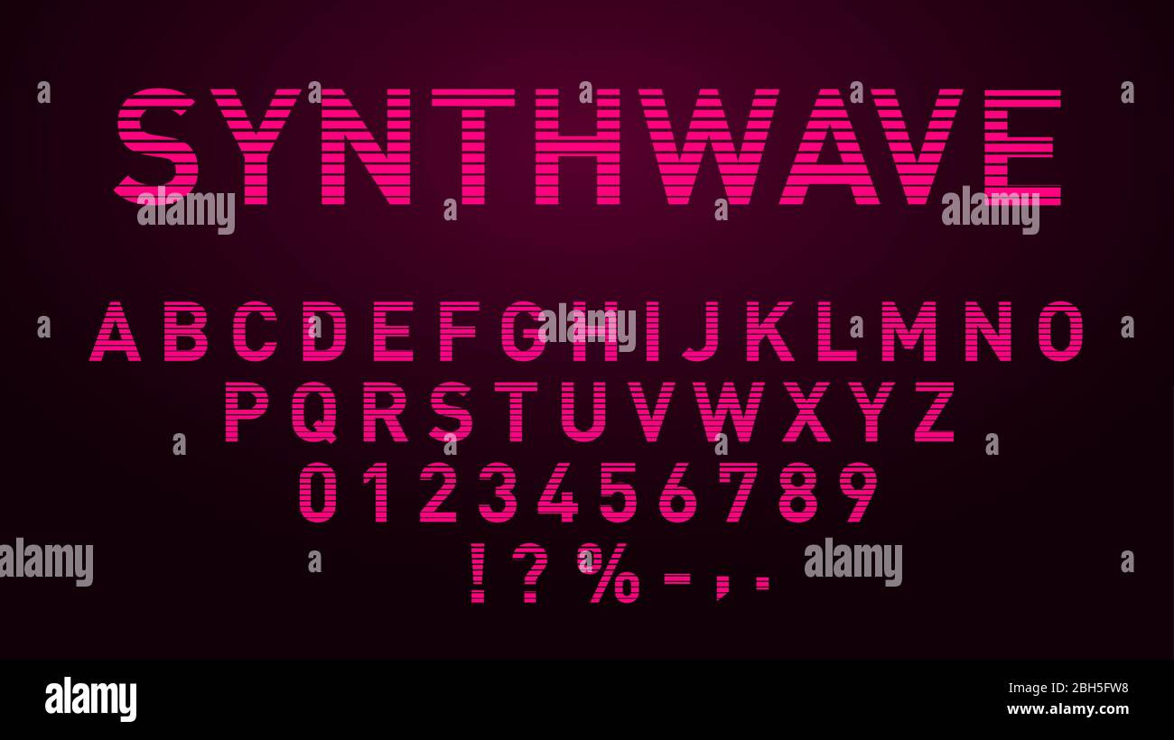 Synthwave rosa Schrift im Stil der 80er Jahre. RetroWave gestreifte Buchstaben, Zahlen und Symbole. Eps 10 Stock Vektor