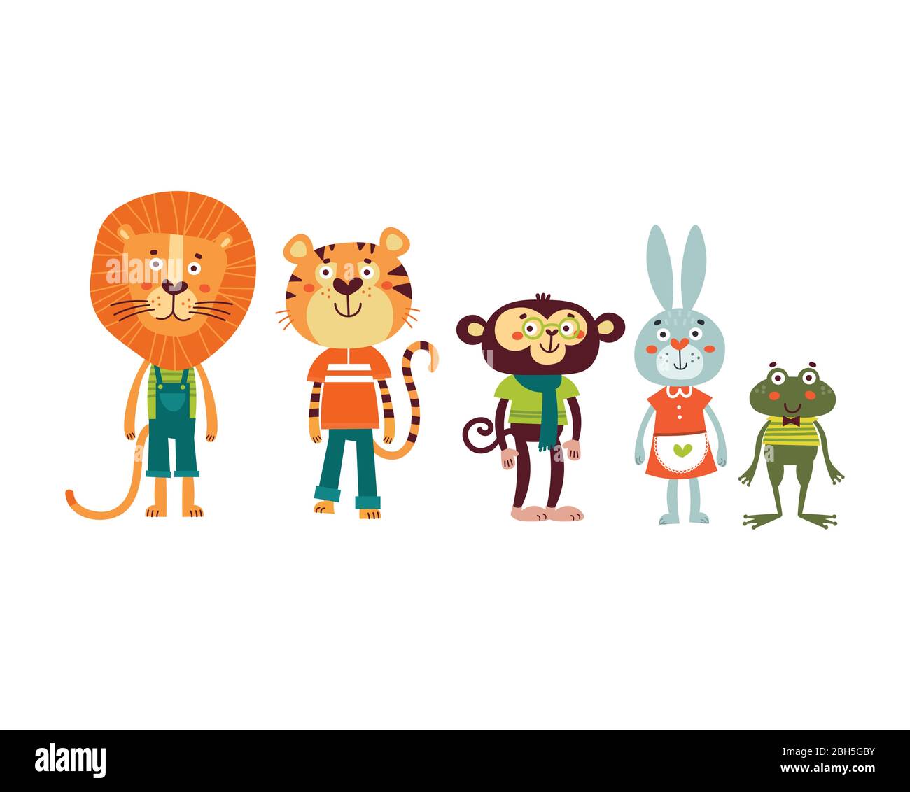 Niedliches Tierset mit Löwe, Tiger, Affe, Kaninchen und Frosch. Cartoon Vektor Illustration Stock Vektor