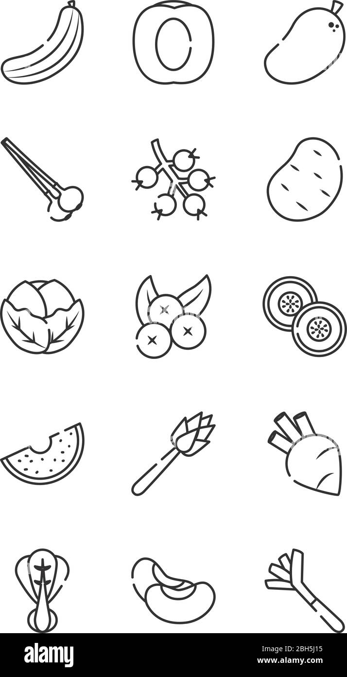 Symbol für Gurke, Gemüse und Obst auf weißem Hintergrund, Linienstil, Vektorgrafik Stock Vektor