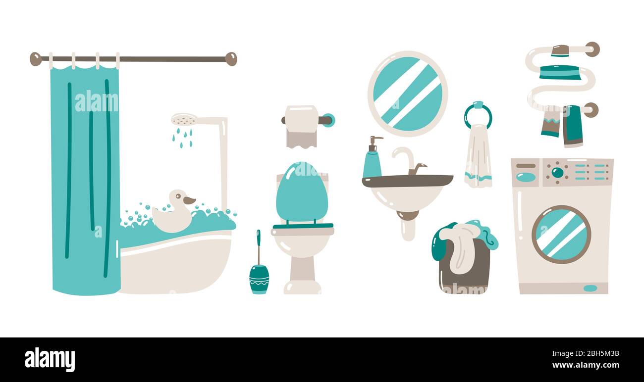 Vektor Cartoon Badezimmer Innenraum Hintergrund Vorlage. Modernes Haus, Hotel-Apartment-Toilette, Toilette mit Möbeln und Hygienezubehör. Spiegel o Stock Vektor