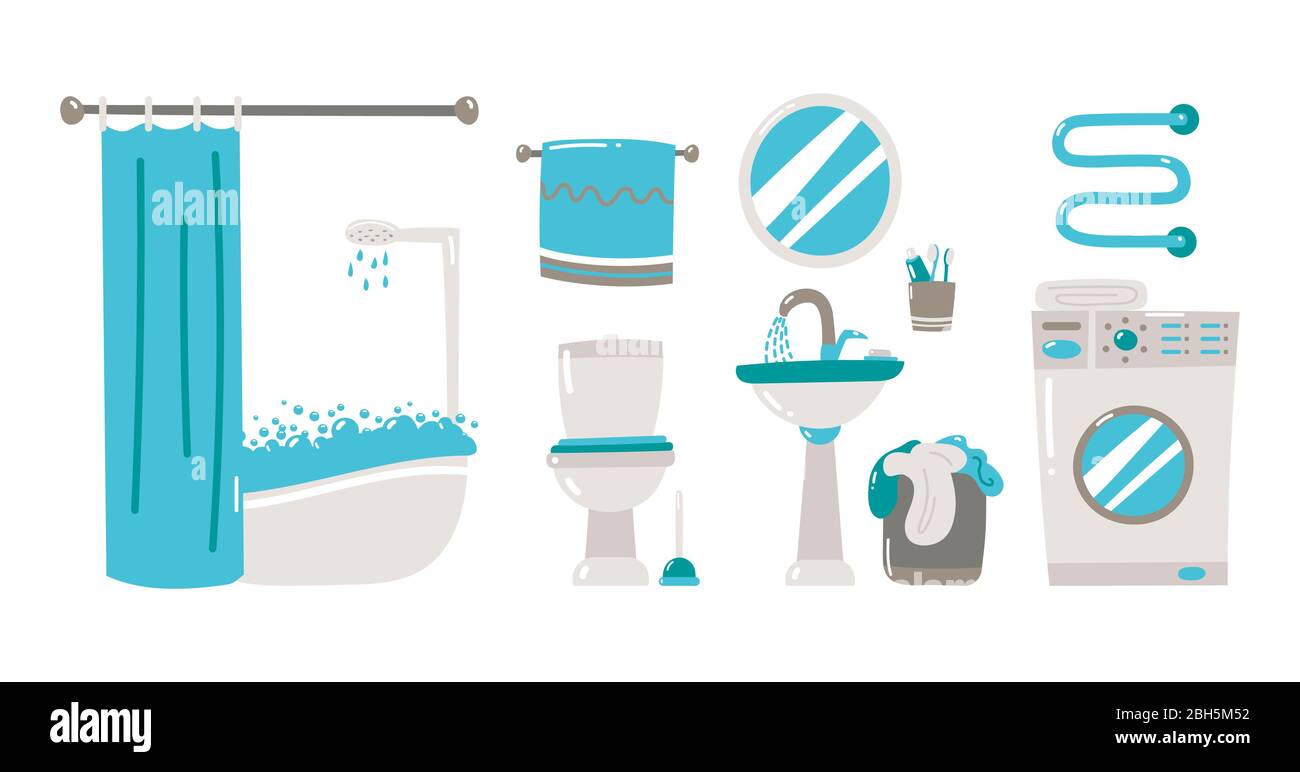 Vektor Cartoon Badezimmer Innenraum Hintergrund Vorlage. Modernes Haus, Hotel-Apartment-Toilette, Toilette mit Möbeln und Hygienezubehör. Spiegel o Stock Vektor