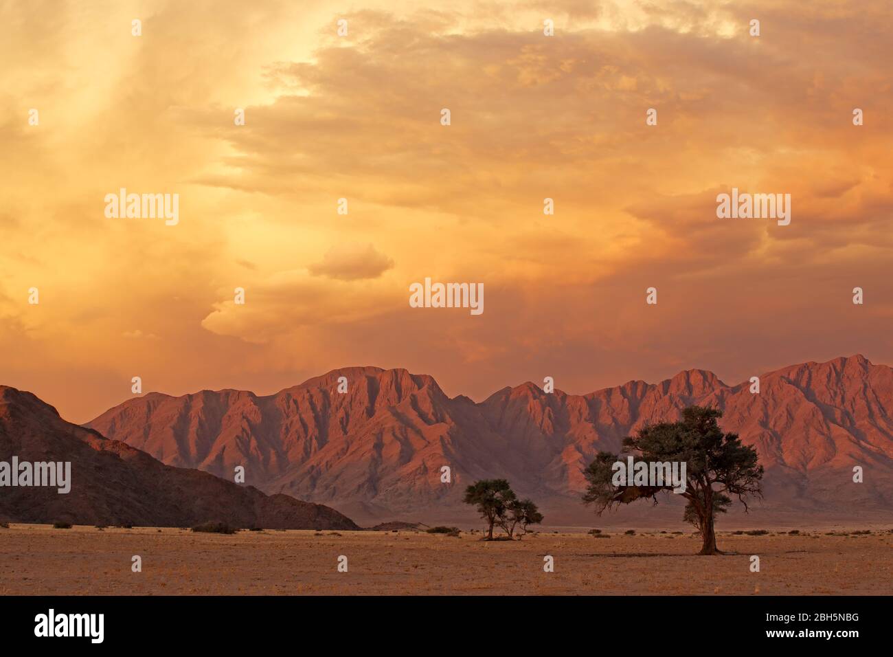 Wüstenlandschaft von Namib bei Sonnenuntergang mit zerklüfteten Bergen und dramatischen Wolken, Namibia Stockfoto
