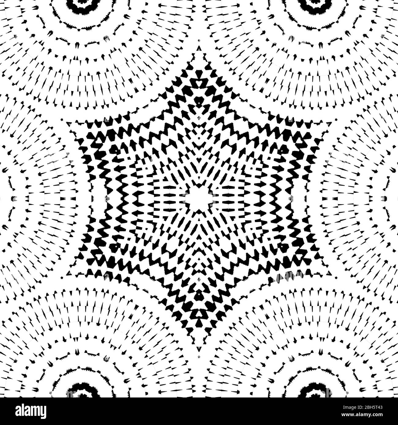 Eine computergenerierte Darstellung eines Mandalas mit scharfen Punkten in schwarz-weißen Farben. Stockfoto