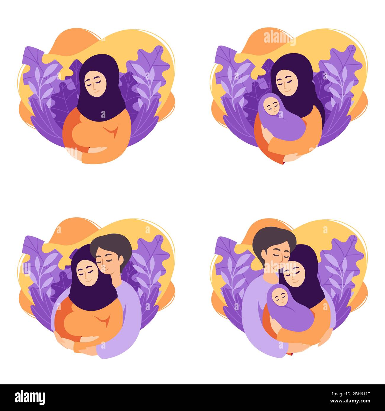 Schwangerschaft und Elternschaft Konzept Vektorgrafiken. Set von Szenen muslimisch schwanger Frau, Mutter hält neugeboren, zukünftige Eltern erwarten Baby, Stock Vektor